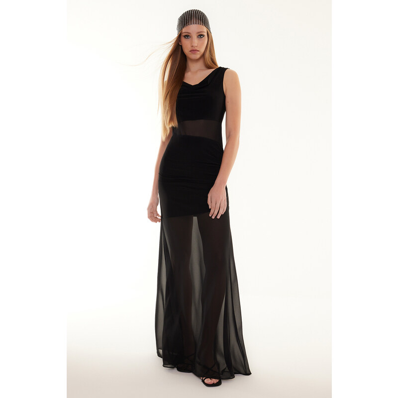 Trendyol černé průhledné dlouhé elegantní večerní šaty s detaily z 115740444