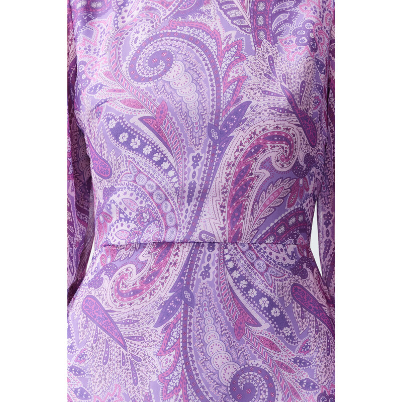 Trendyol Lilac Shawl Patterned Lined Flounced Chiffon Midi Woven Dress