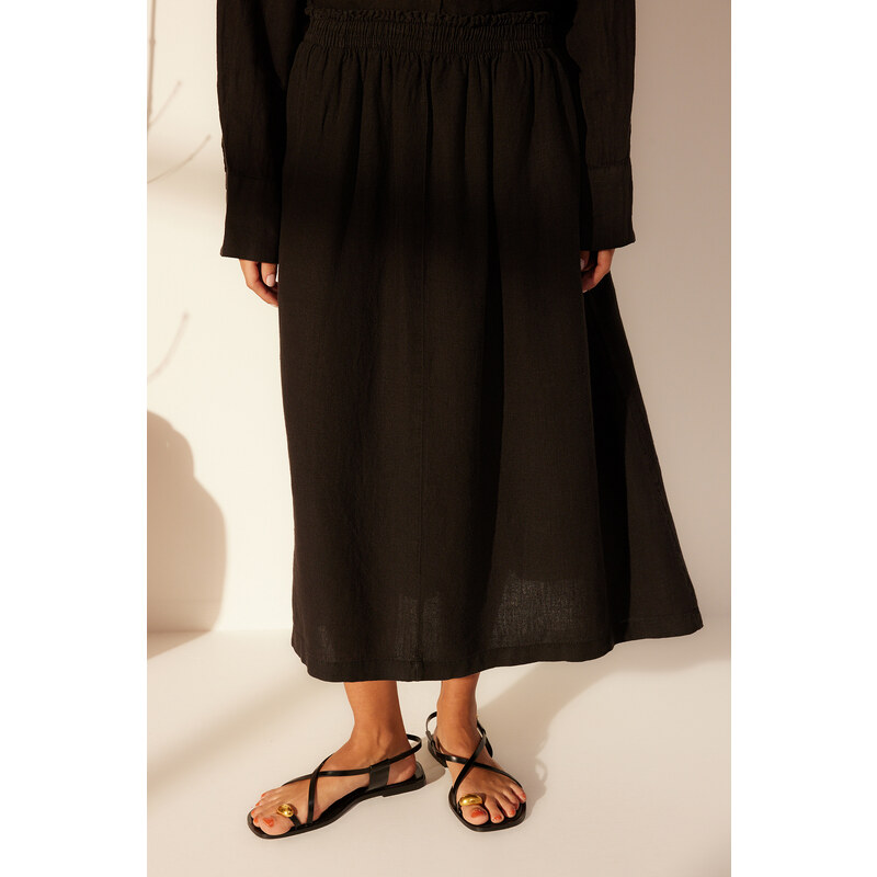 Trendyol Black 100% Linen Elastic Waist Midi Skirt