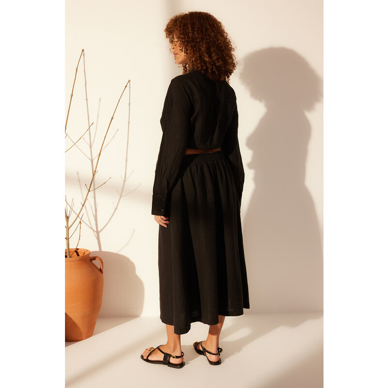 Trendyol Black 100% Linen Elastic Waist Midi Skirt