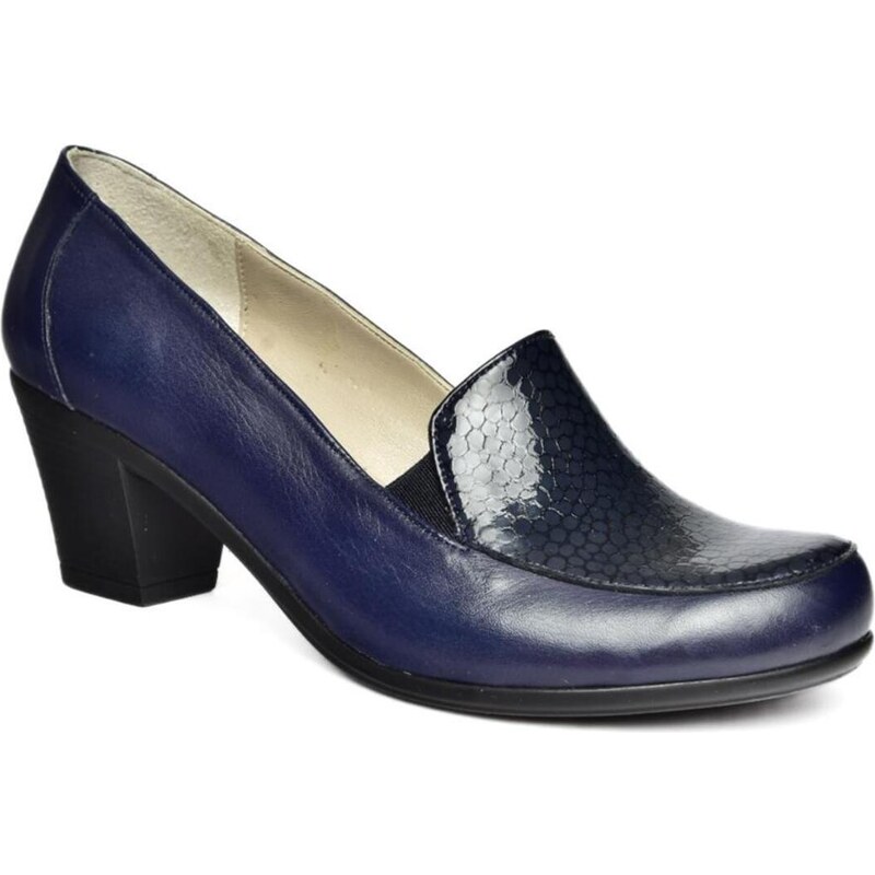 Fox Shoes R908020603 Navy Blue Genuine Leather Thick Heeled Women's Shoes