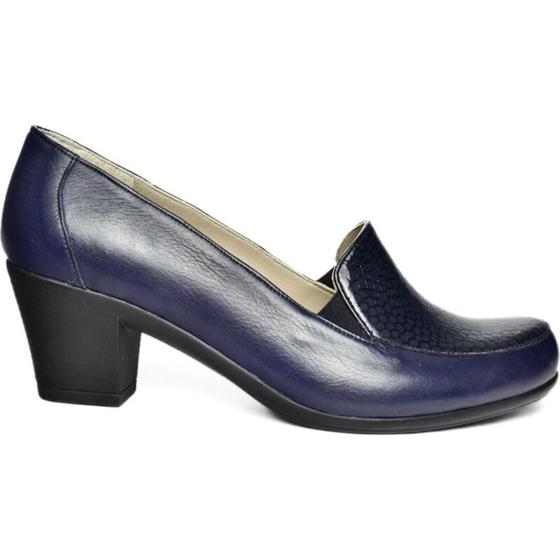 Fox Shoes R908020603 Navy Blue Genuine Leather Thick Heeled Women's Shoes