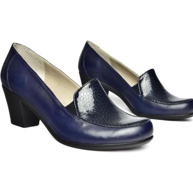 Fox Shoes R908020603 Navy Blue Genuine Leather Thick Heeled Women's Shoes