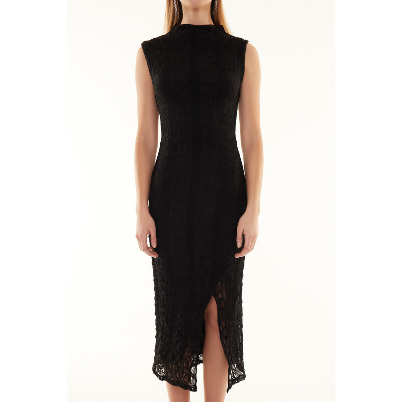 Trendyol Black Lace Zero Sleeve Fitted/Sleeping Elastic Knitted Midi Dress