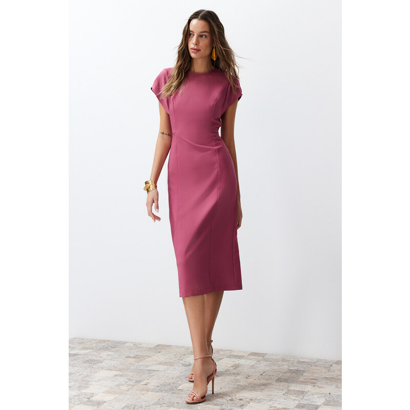 Trendyol Dried Rose Body Wrap Low Sleeve Crew Neck Woven Midi Dress