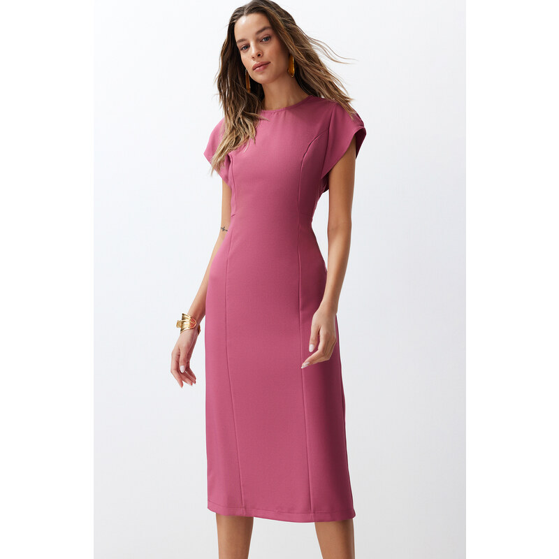 Trendyol Dried Rose Body Wrap Low Sleeve Crew Neck Woven Midi Dress