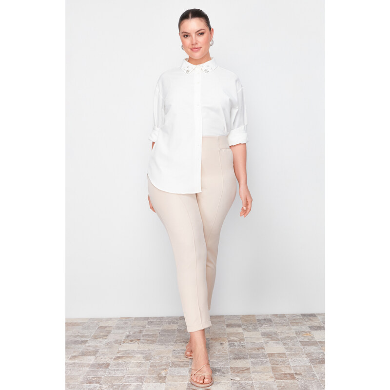 Trendyol Curve Beige Woven Elastic Waist Fabric Trousers 115606439