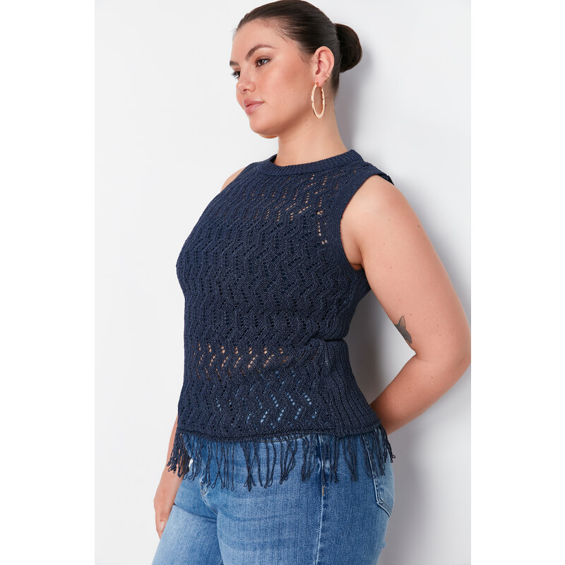 Trendyol Curve Navy Blue Openwork/Perforated Tasseled Knitwear Blouse