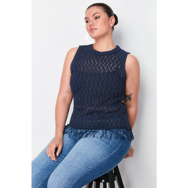 Trendyol Curve Navy Blue Openwork/Perforated Tasseled Knitwear Blouse