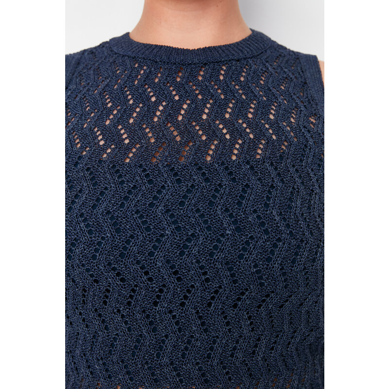 Trendyol Curve Navy Blue Openwork/Perforated Tasseled Knitwear Blouse