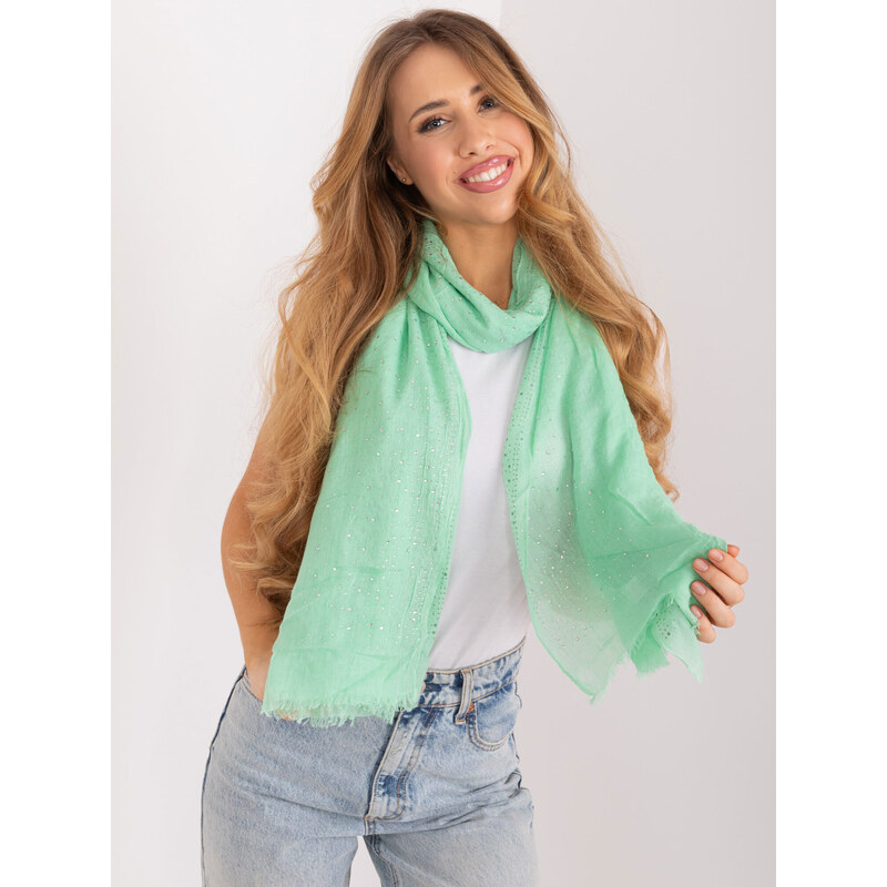 Fashionhunters Světle zelený, hladký dámský šátek s kamínky