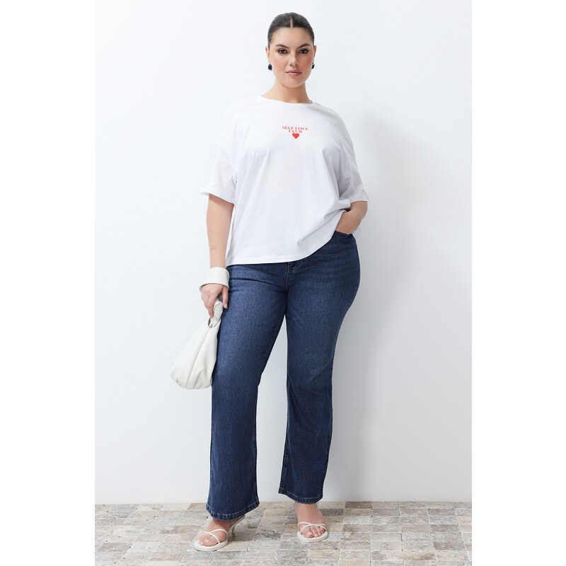 Trendyol Curve White Printed Oversize Knitted T-shirt