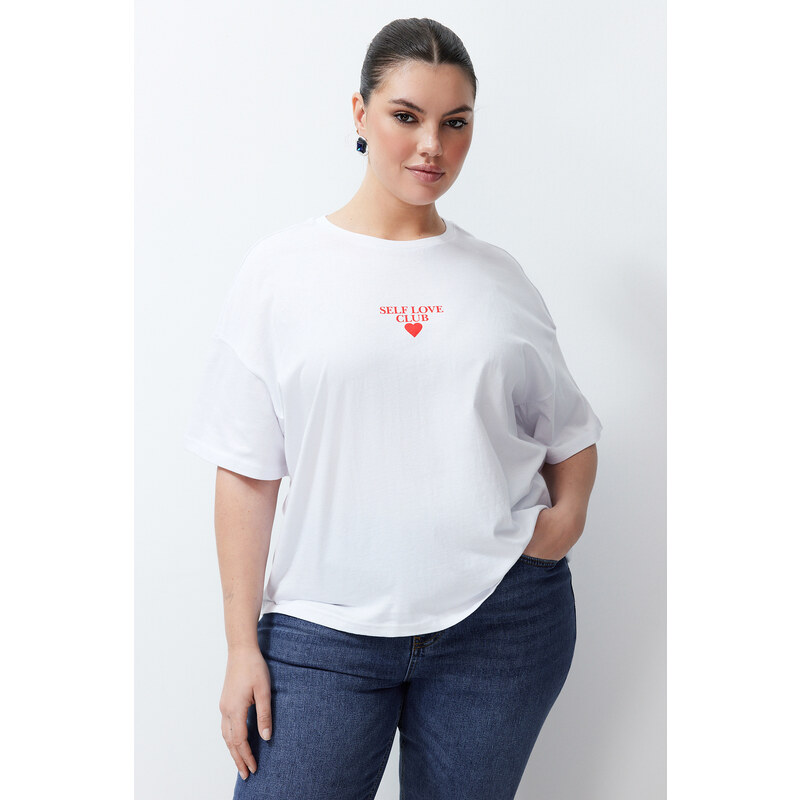 Trendyol Curve White Printed Oversize Knitted T-shirt