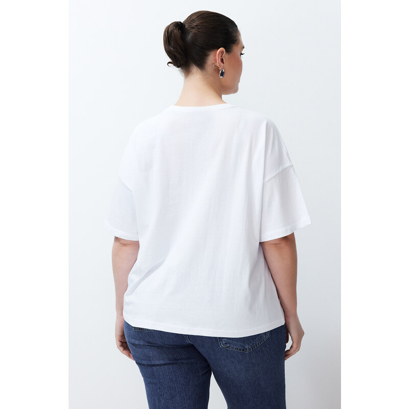 Trendyol Curve White Printed Oversize Knitted T-shirt