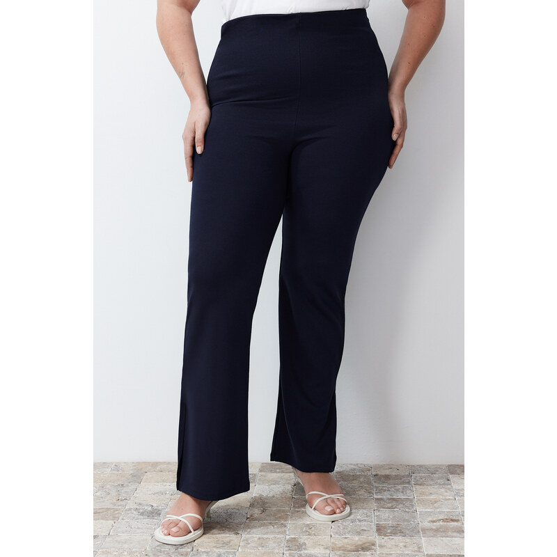 Trendyol Curve Navy Blue Side Slit Flare High Waist Knitted Trousers