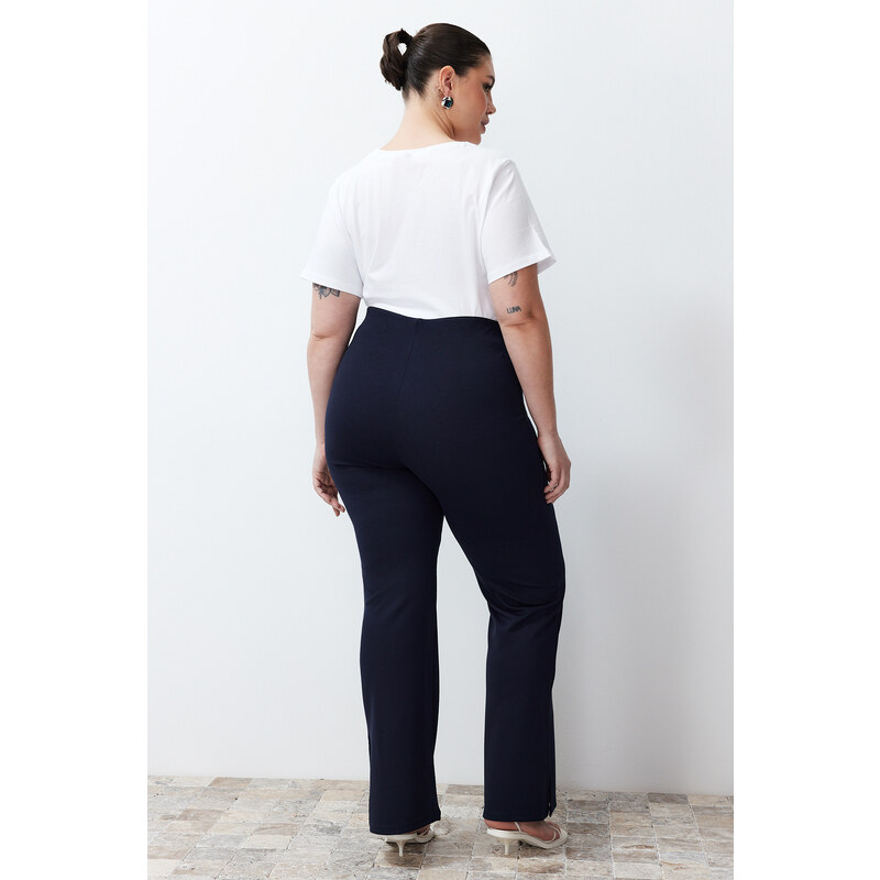 Trendyol Curve Navy Blue Side Slit Flare High Waist Knitted Trousers