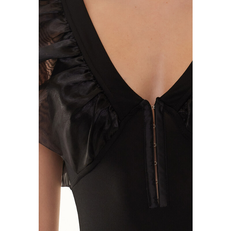 Trendyol Black Woven Garnish Attached Flexible Snaps Knitted Bodysuit