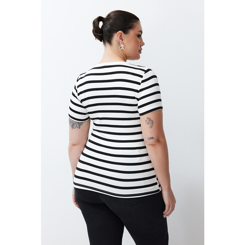 Trendyol Curve Black-Ecru Striped 2-Pack Viscous Stretch Knitted Blouse