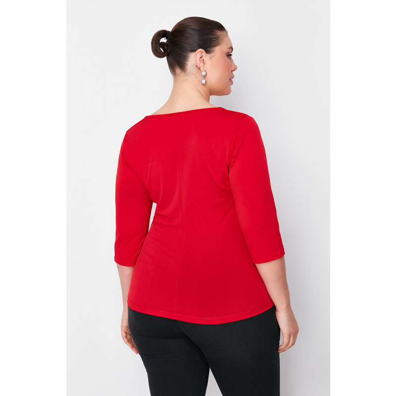 Trendyol Curve Red Heart Neck Fitted Knitted Blouse