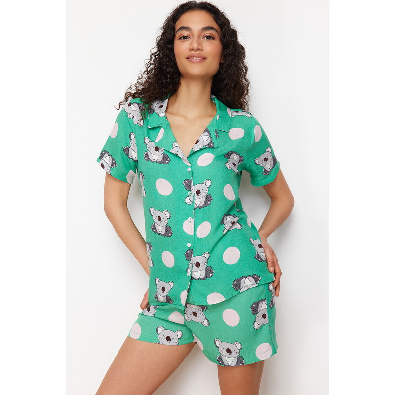 Trendyol Green Animal Pattern Viscose Woven Pajamas Set