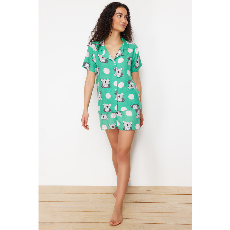 Trendyol Green Animal Pattern Viscose Woven Pajamas Set