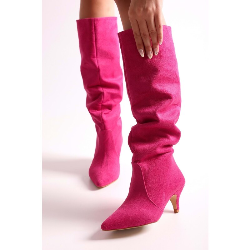 Shoeberry Women's Pia Fuchsia Suede Gathered Heel Boots Fuchsia Suede