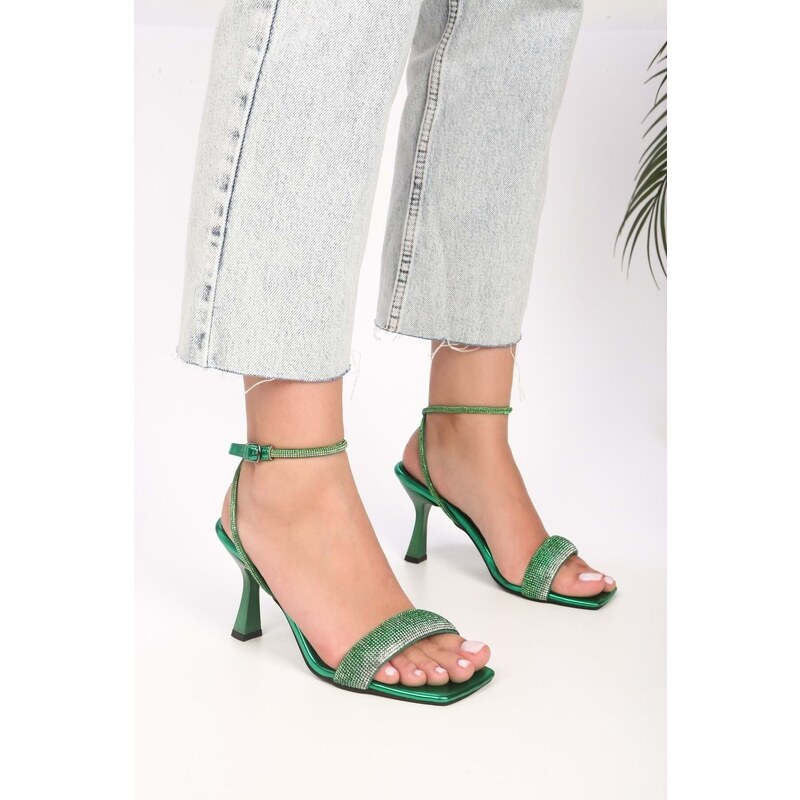 Shoeberry Women's Bella Emerald Green Metallic Single Strap Heeled Shoes