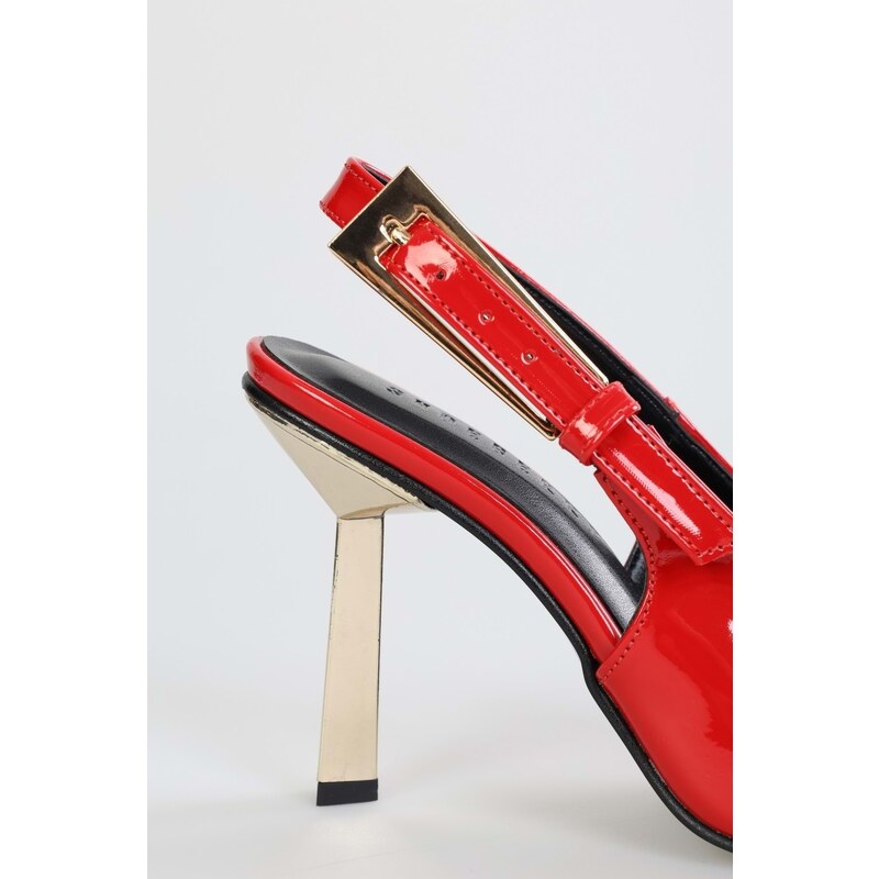 Shoeberry Women's Laurend Red Patent Leather Short Toe Belted Stiletto