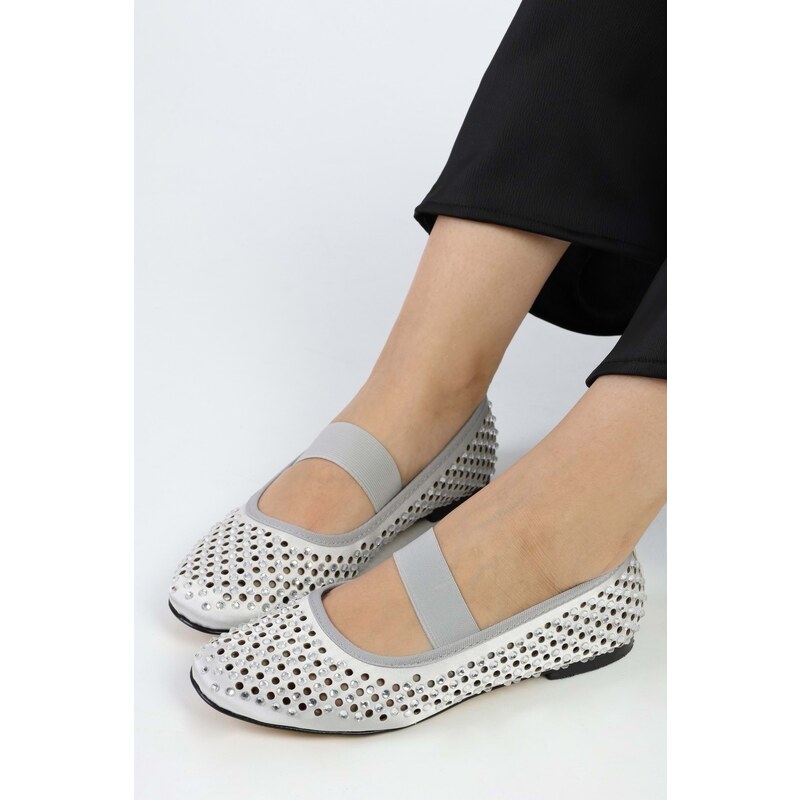 Shoeberry Women's Charly Silver Satin Stone Daily Flats