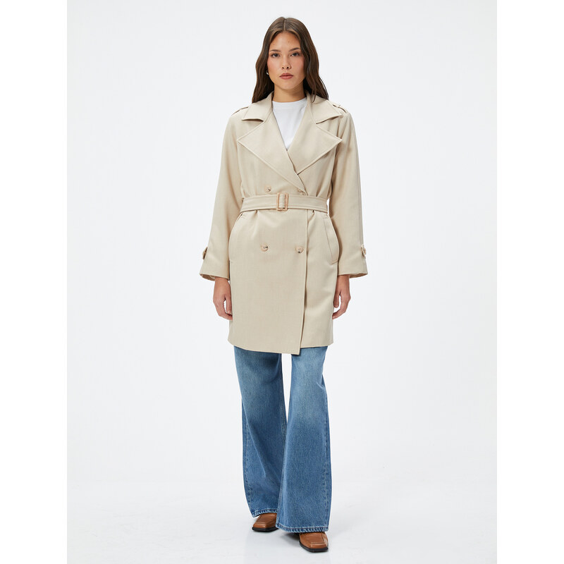 Koton Trench Coat Double Breasted Closure Buttoned Belted Pocket Windbreaker Detailed