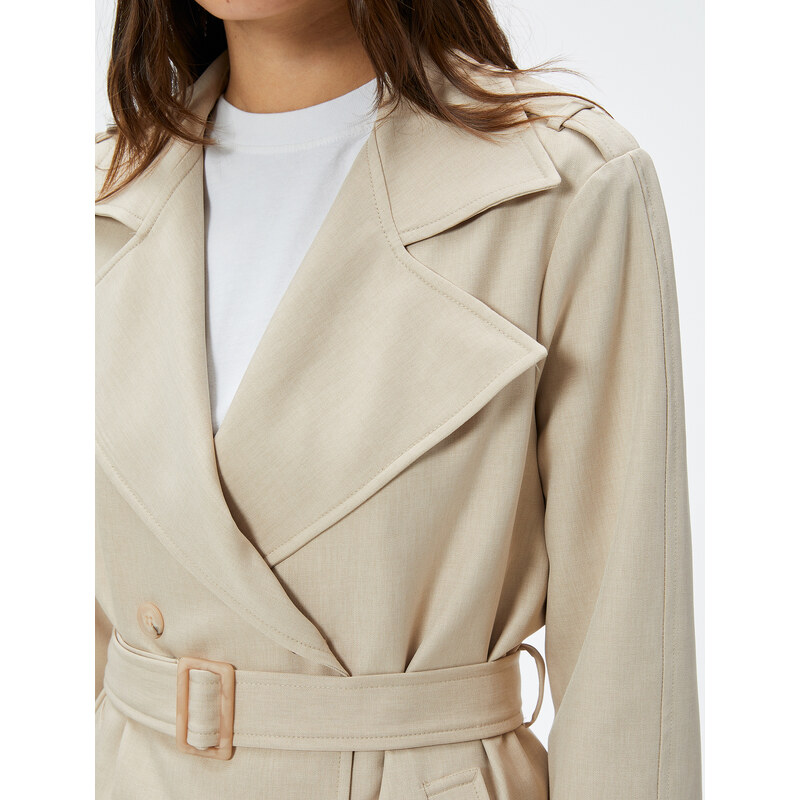 Koton Trench Coat Double Breasted Closure Buttoned Belted Pocket Windbreaker Detailed