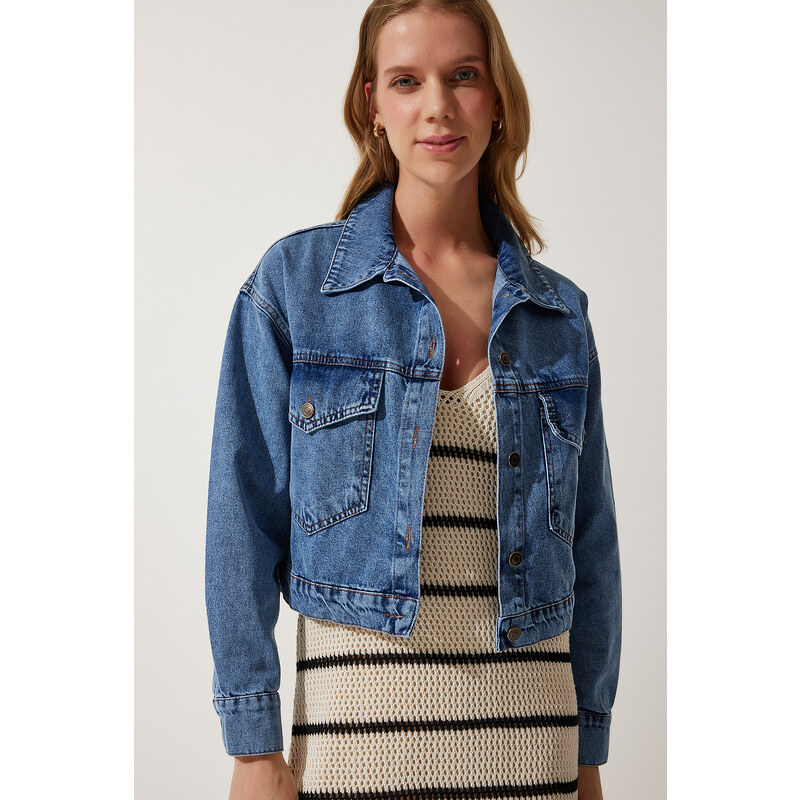 Happiness İstanbul Women's Blue Pocket Jean Jacket