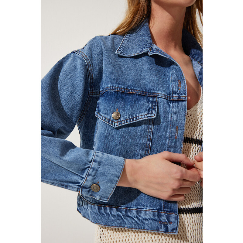 Happiness İstanbul Women's Blue Pocket Jean Jacket