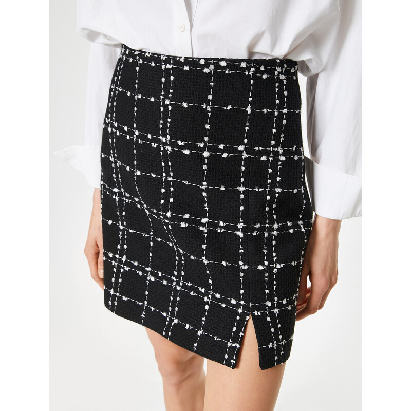 Koton Mini Tweed Skirt Slit Detail High Waist