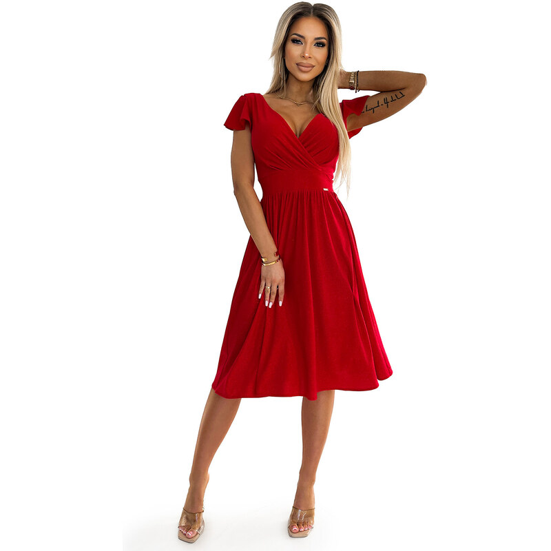 numoco MATILDE - Červené dámské šaty s brokátem, výstřihem a krátkými rukávy 425-9