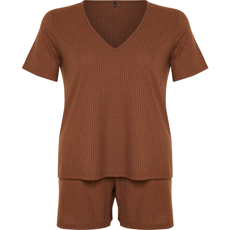 Trendyol Curve Brown V Neck Camisole Knitted Pajamas Set