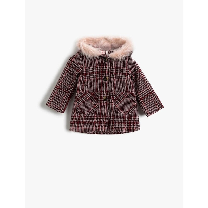 Koton Baby Girl Collar Shearling Coat, Plaid Hooded, Baby Girl Collar Shearling Coat, Plaid Hooded