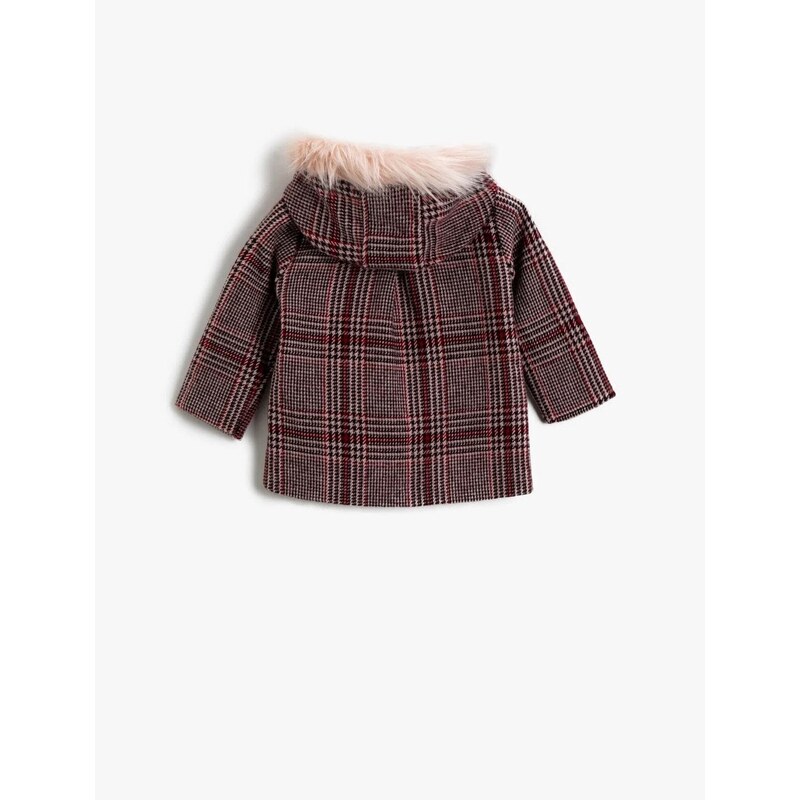 Koton Baby Girl Collar Shearling Coat, Plaid Hooded, Baby Girl Collar Shearling Coat, Plaid Hooded