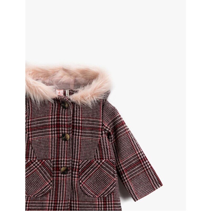 Koton Baby Girl Collar Shearling Coat, Plaid Hooded, Baby Girl Collar Shearling Coat, Plaid Hooded