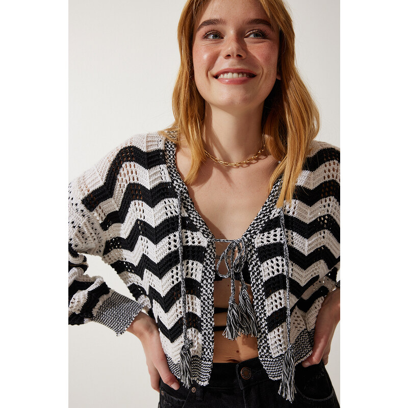 Happiness İstanbul Women's Cream Black Striped Openwork Seasonal Knitwear Cardigan