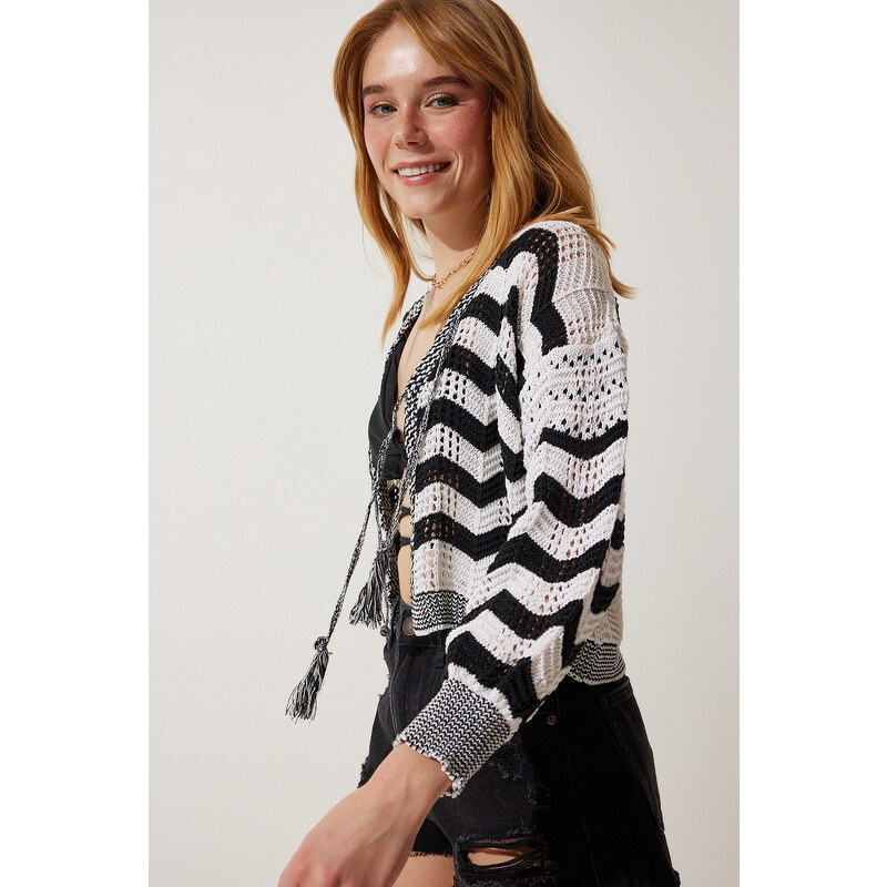 Happiness İstanbul Women's Cream Black Striped Openwork Seasonal Knitwear Cardigan