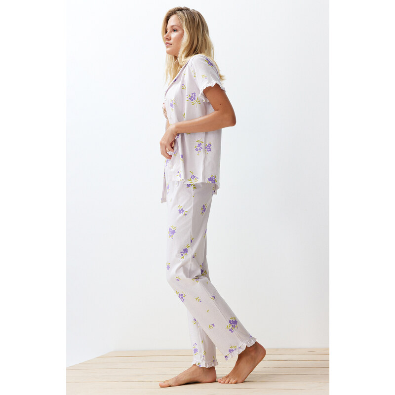 Trendyol Ecru-Multi Color 100% Cotton Floral Ruffle Detail Knitted Pajamas Set