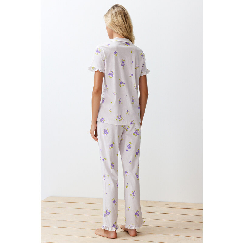 Trendyol Ecru-Multi Color 100% Cotton Floral Ruffle Detail Knitted Pajamas Set