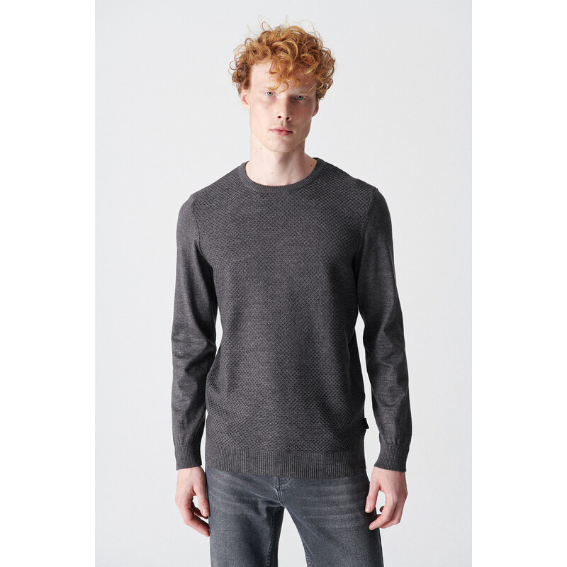 Avva Men's Anthracite Crew Neck Jacquard Sweater