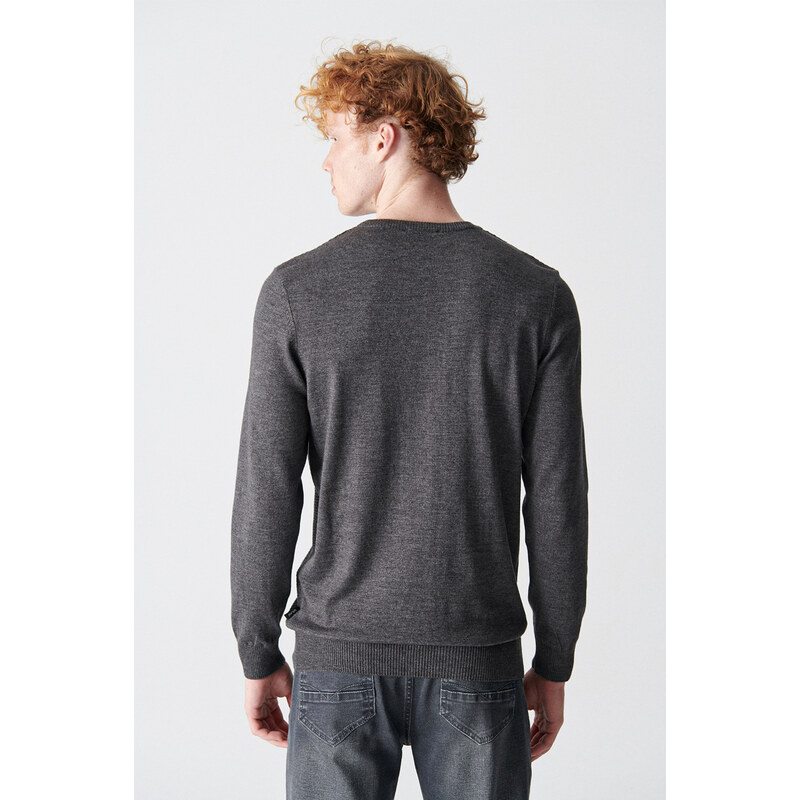 Avva Men's Anthracite Crew Neck Jacquard Sweater