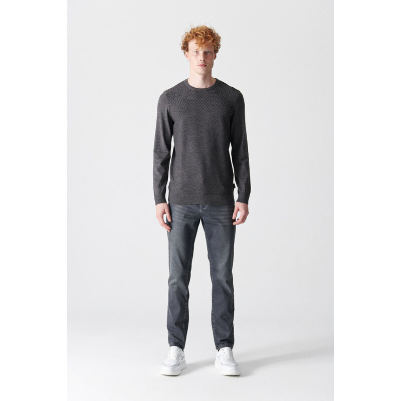 Avva Men's Anthracite Crew Neck Jacquard Sweater