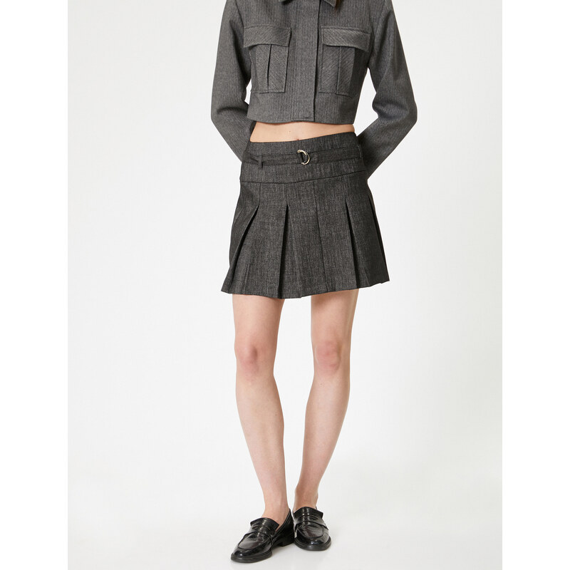 Koton Pleated Mini Skirt A-Line Belt Detailed Zippered