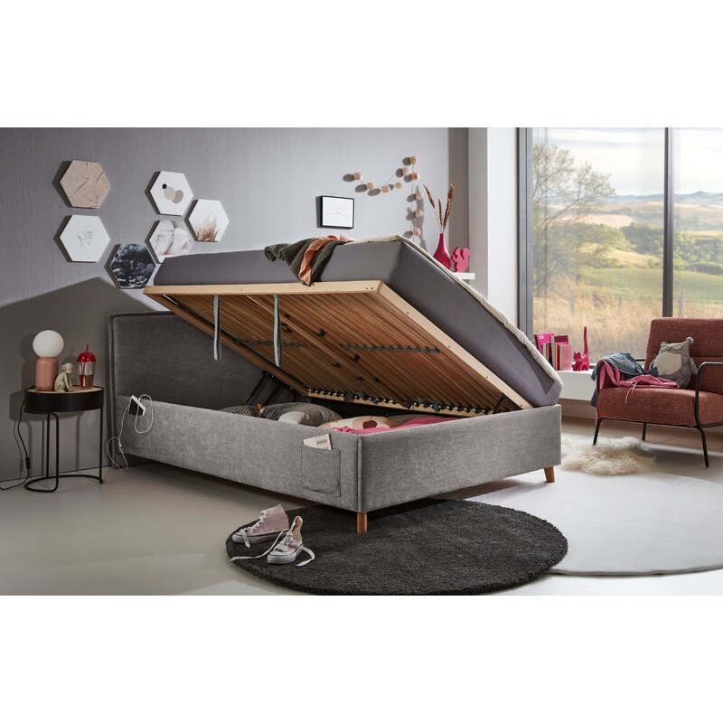 Šedá čalouněná postel Meise Möbel Fun 90 x 200 cm s úložným prostorem