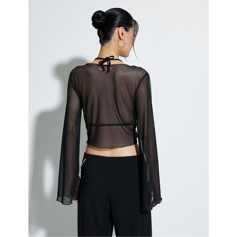 Koton Tulle Crop Blouse Tie Front Long Wide Sleeve