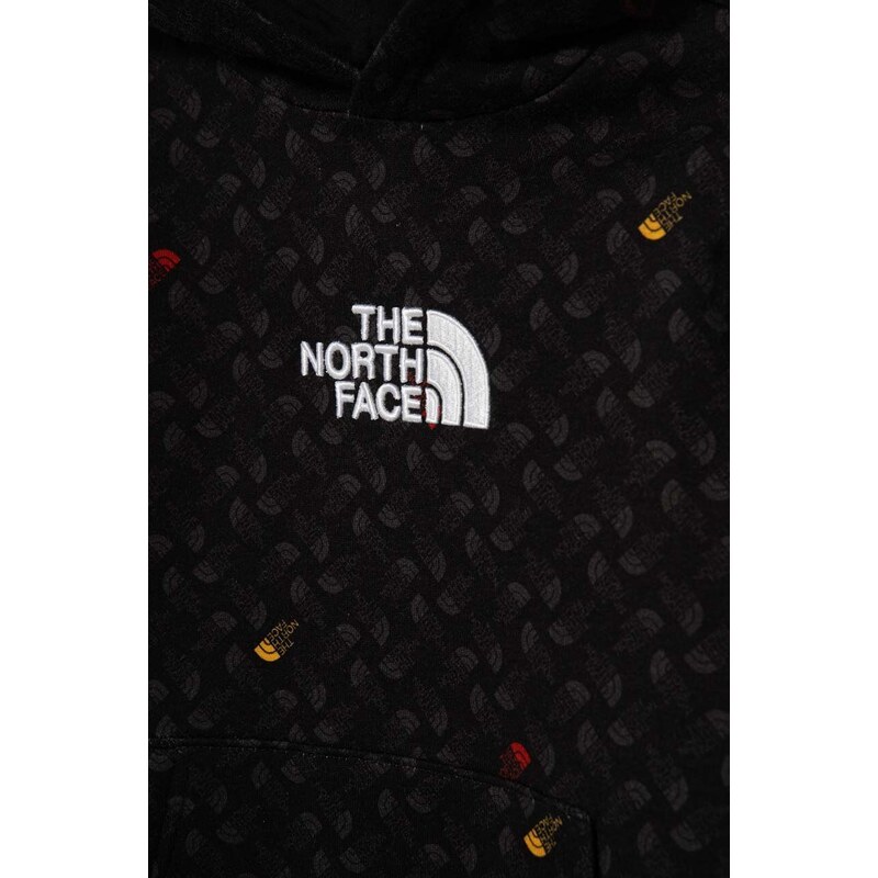 Dětská bavlněná mikina The North Face DREW PEAK LIGHT P/O HOODIE PRINT černá barva, s kapucí, vzorovaná